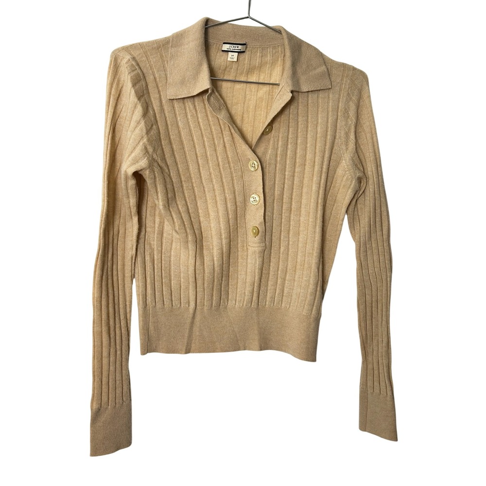 J.Crew Polo Sweater Tan 100% Cashmere Ribbed Knit Long Sleeve